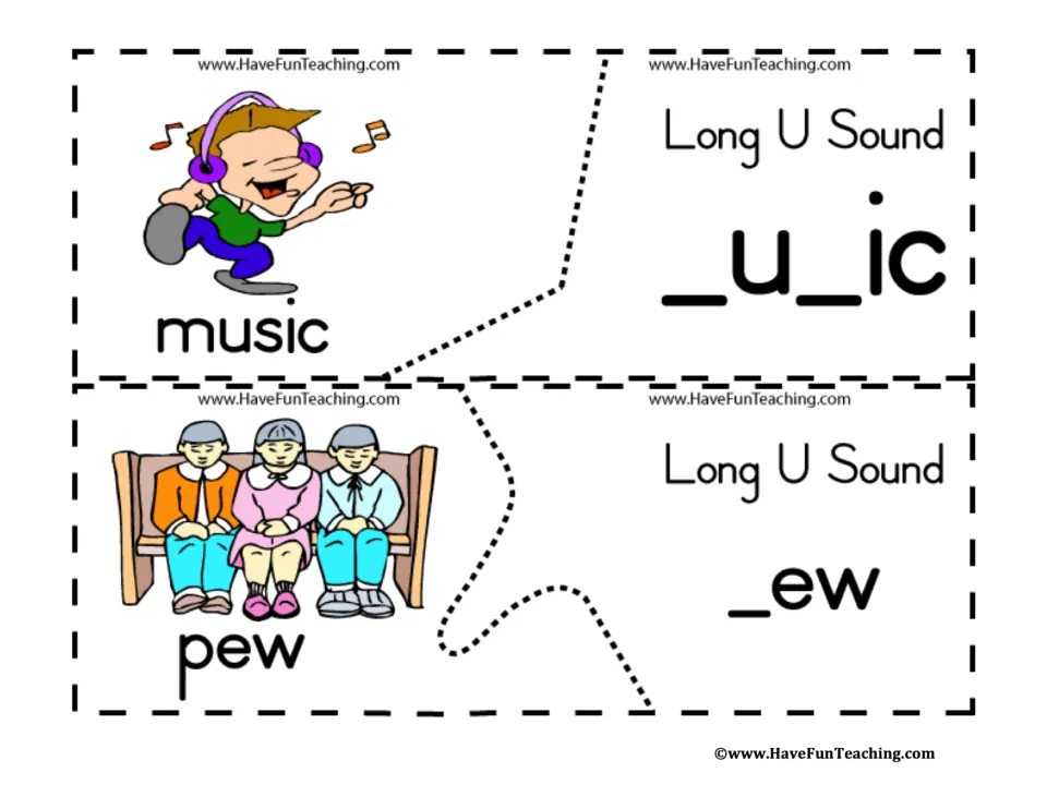 Long u sound puzzles: a boy with headphones labeled music matches _u_ic, and children on a bench labeled pew matches _ew