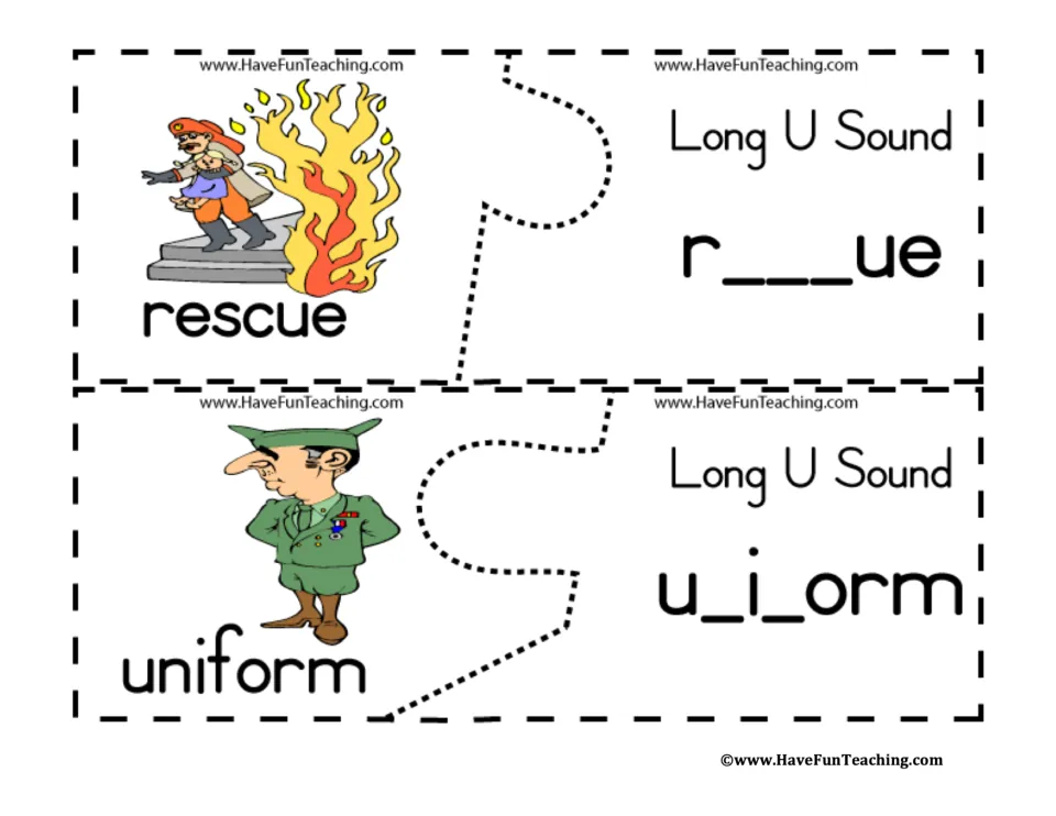 Long u puzzles for rescue and uniform: a firefighter picture joins r___ue and a soldier picture joins u_i_orm when matched