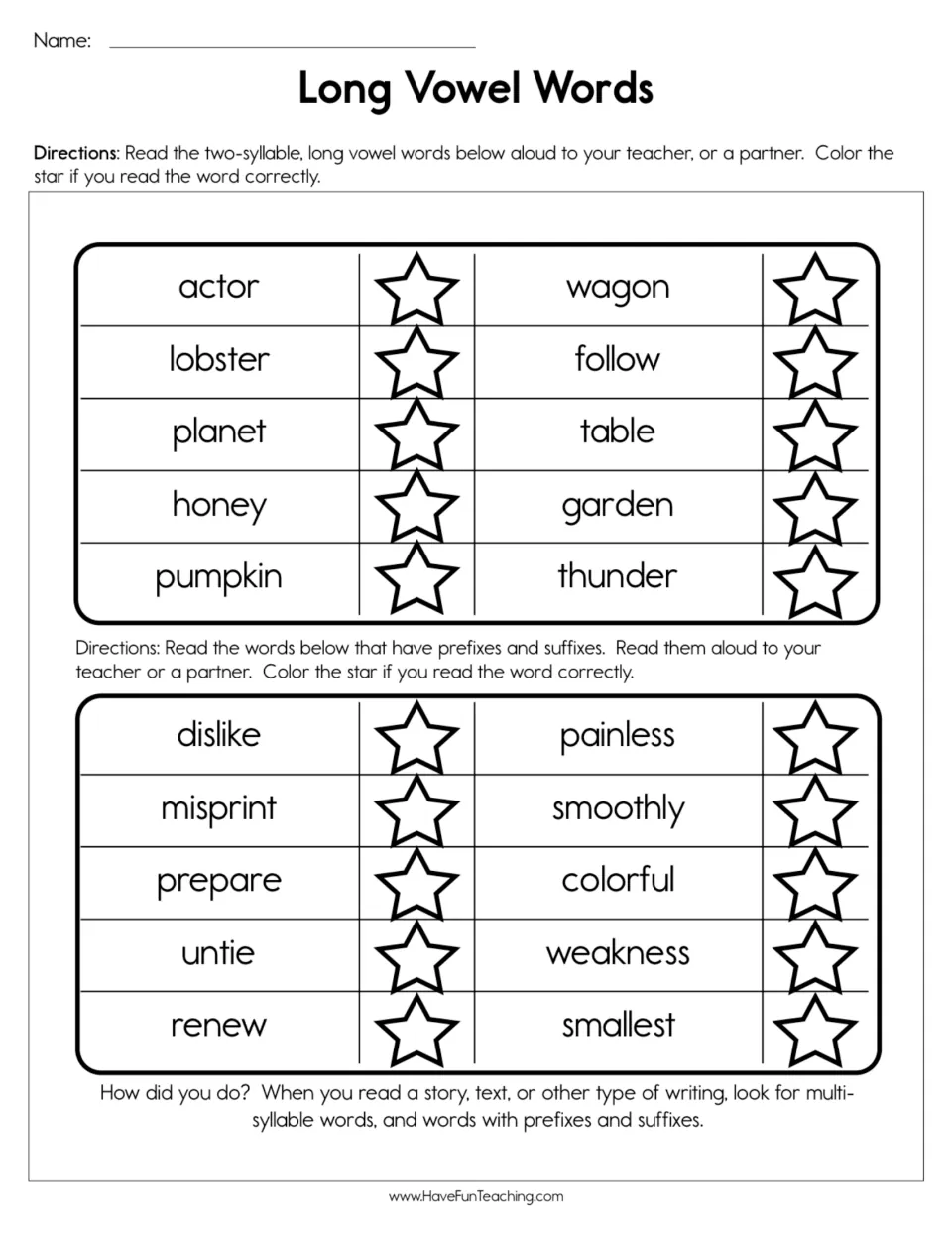 Reading practice sheet: 10 two-syllable words, including actor and table, plus 10 prefix and suffix words.