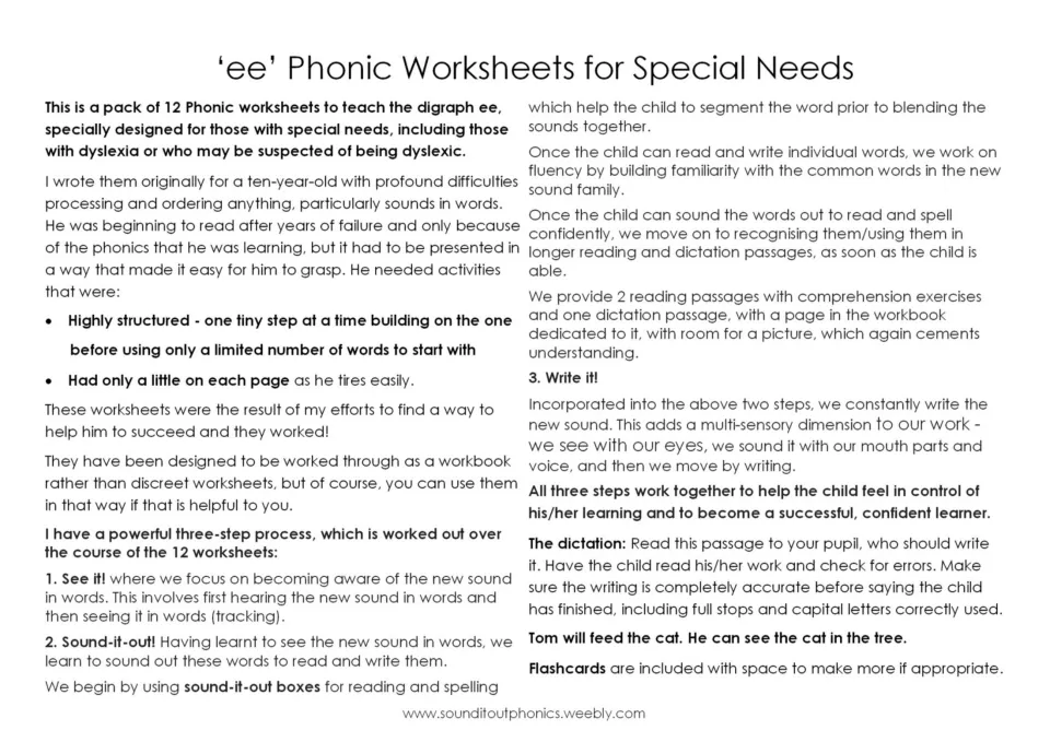 Teacher notes on the ee digraph pack: the See it, Sound-it-out, Write it steps, plus a dictation about Tom and the cat