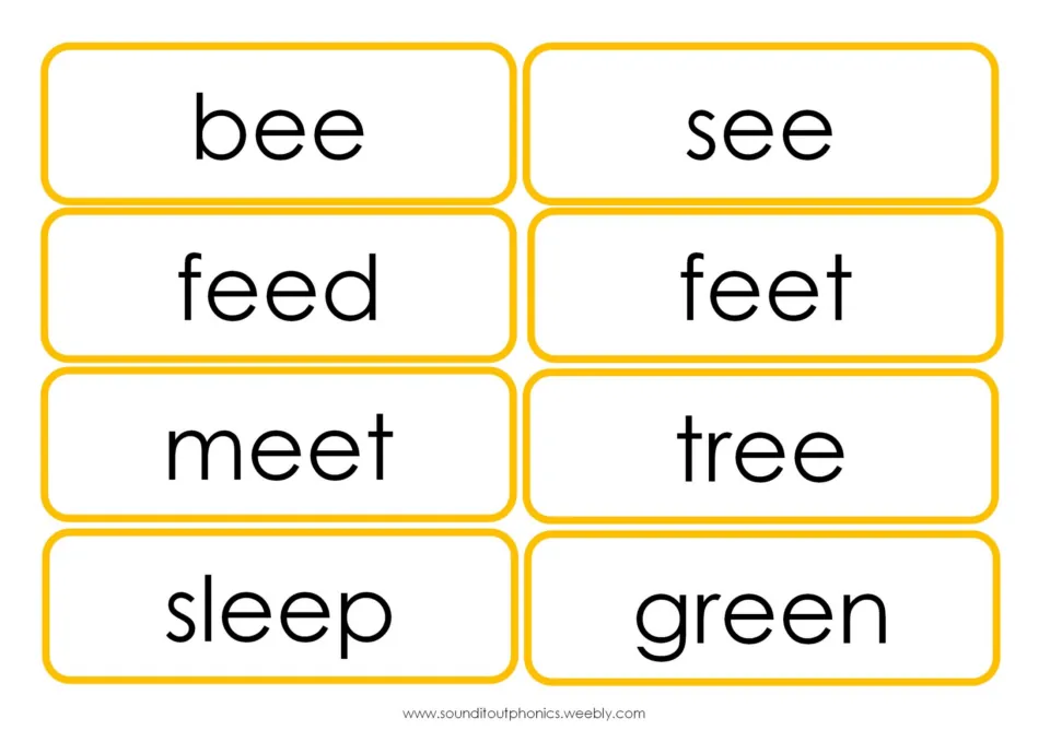ee word flashcards: bee, see, feed, feet, meet, tree, sleep and green, printed large for reading and sound practice
