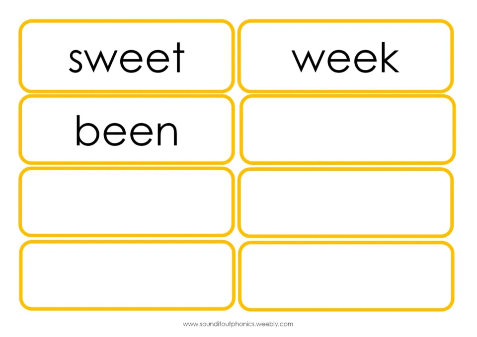 More ee word flashcards with sweet, week and been, plus five blank cards for adding further words from the sound family