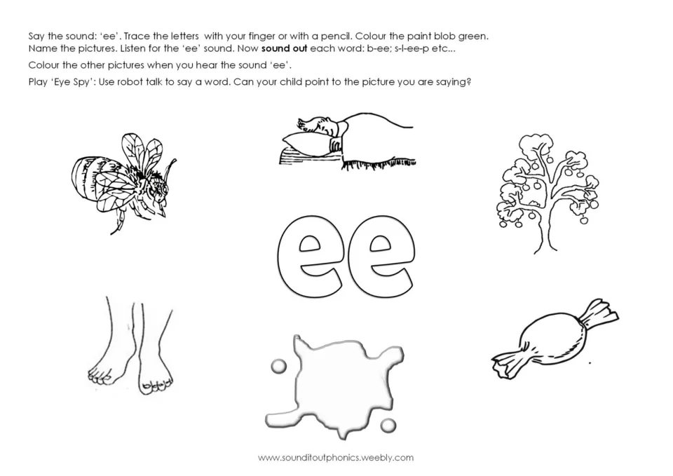 Hearing the ee sound: students trace ee, name pictures of a bee, tree, feet and sweet, then colour and play Eye Spy