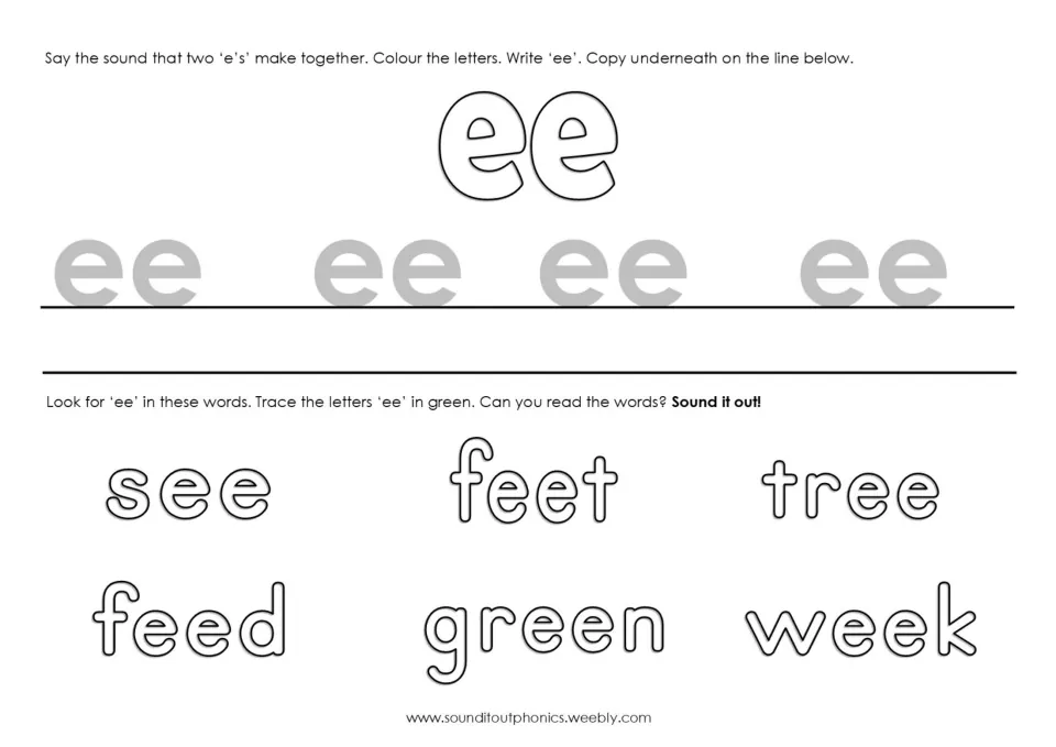 Writing ee: students trace and copy the letters ee, then find and trace ee in see, feet, tree, feed, green and week
