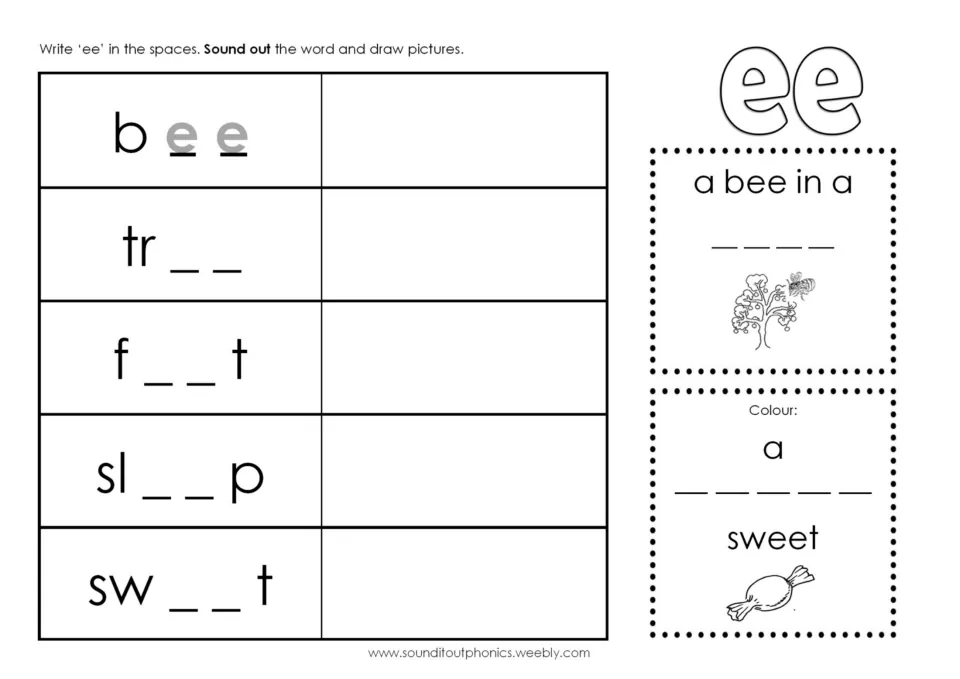 Missing ee: students write ee to complete bee, tree, feet, sleep and sweet, draw each word, and finish two short phrases