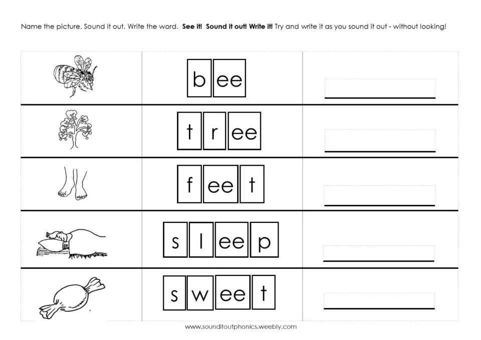 Sound-it-out boxes: students name each picture, read bee, tree, feet, sleep and sweet in sounds, then write the word