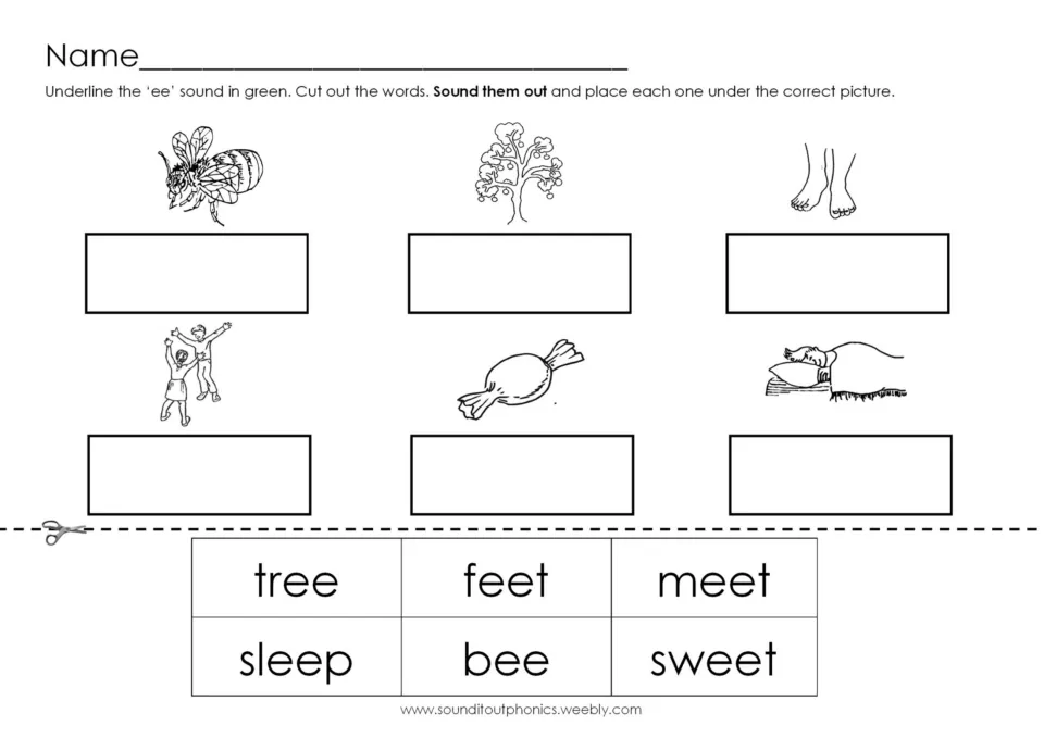 Word-picture match: students underline ee, cut out tree, feet, meet, sleep, bee and sweet, and place each by its picture