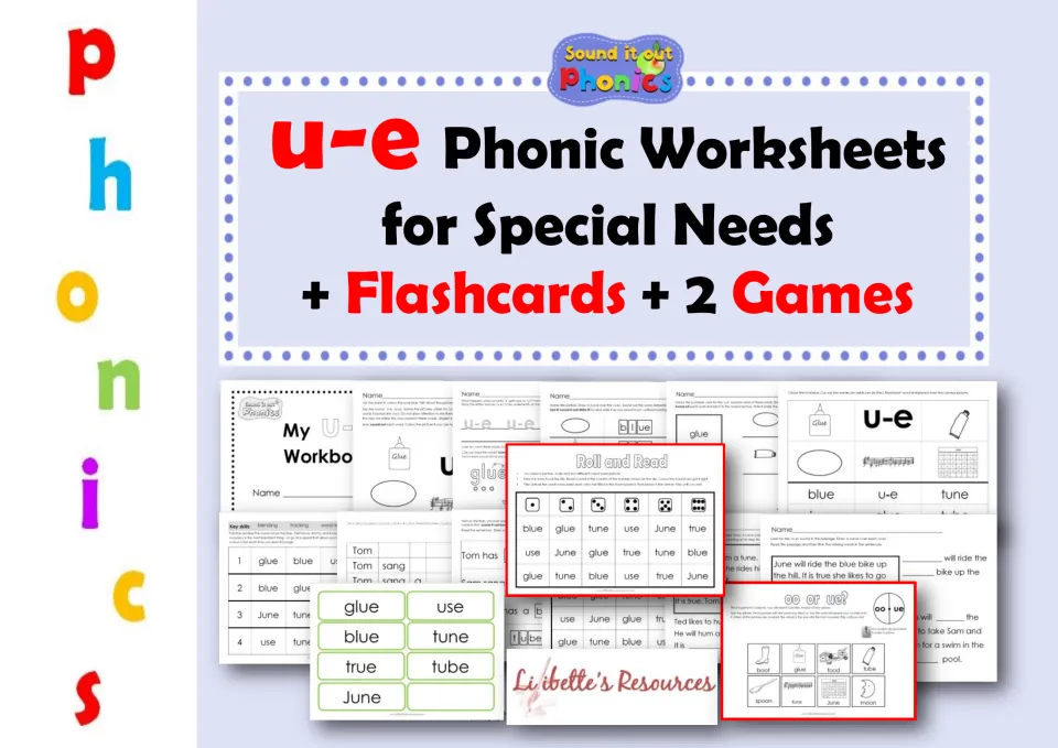 Cover for u-e phonic worksheets for special needs plus flashcards and 2 games, with thumbnails of workbook pages