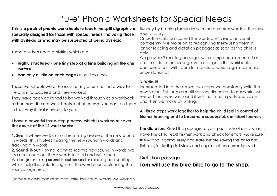 Teacher notes on the split digraph u-e: See it, Sound it out, Write it steps and the dictation sentence about a blue bike