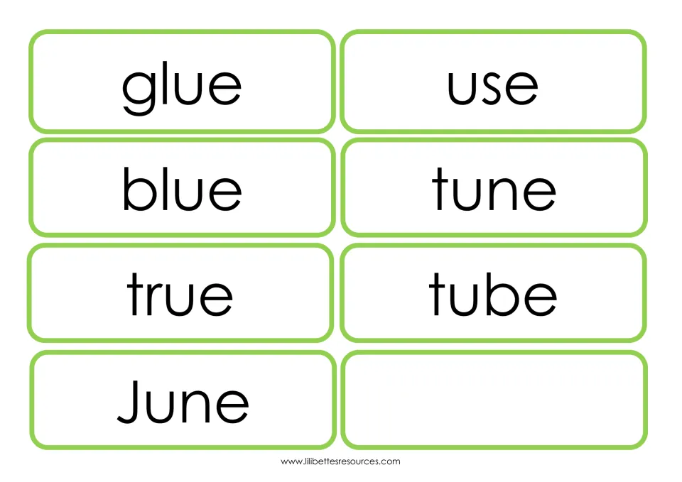 u-e word flashcards to cut out: glue, use, blue, tune, true, tube and June, plus one blank card