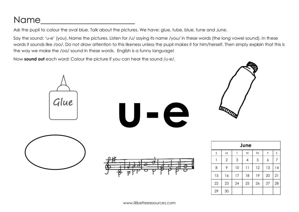 Hearing the u-e sound: students name pictures of glue, tube, blue oval, tune and June calendar and colour ones with u-e