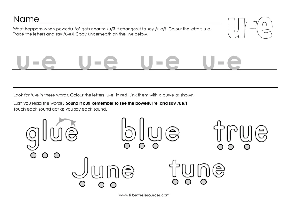 Tracing u-e and spotting it in words: students trace u-e, colour it red in glue, blue, true, June, tune and tap sound dots