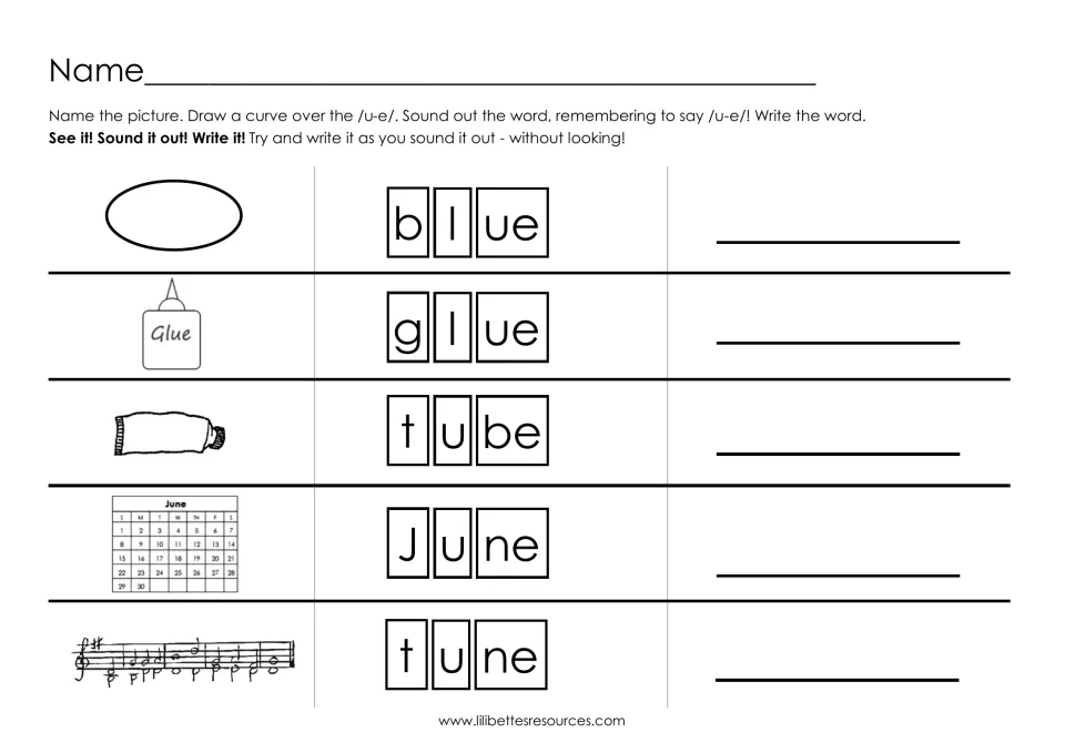 Segmenting u-e words: students name each picture, read blue, glue, tube, June and tune in sound boxes, then write the word