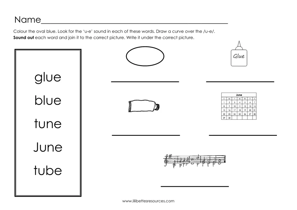 Word-to-picture matching: students read glue, blue, tune, June and tube, join each to its picture and write it underneath