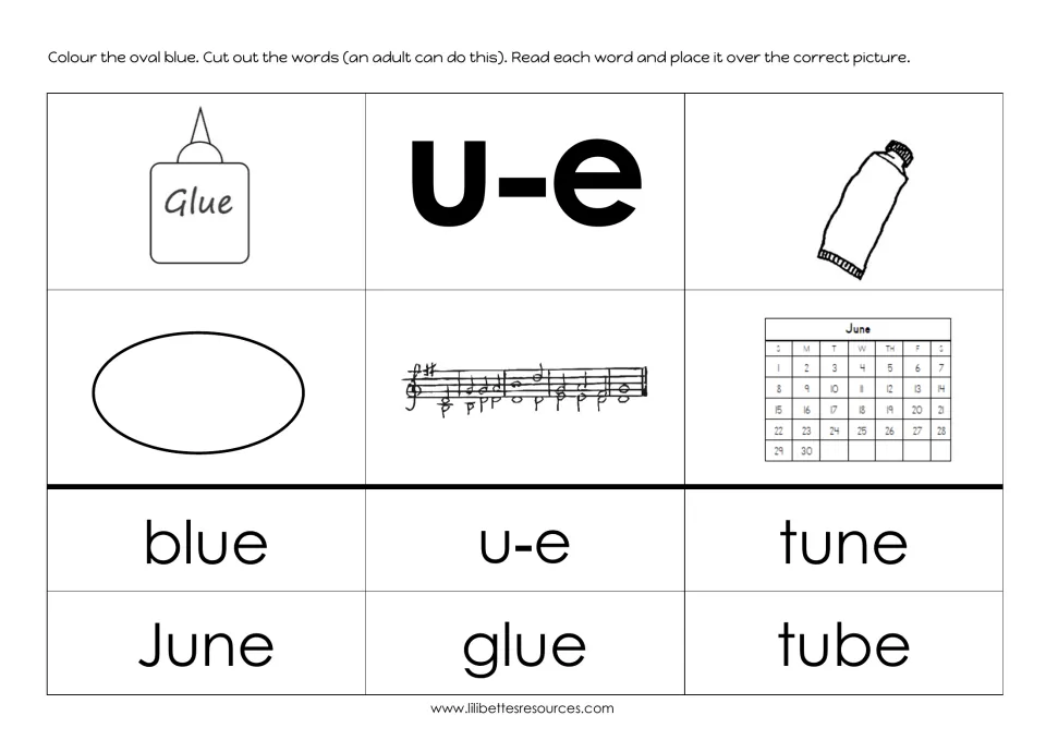 Cut-and-place reading: students cut out the words blue, tune, June, glue and tube and lay each over the matching picture