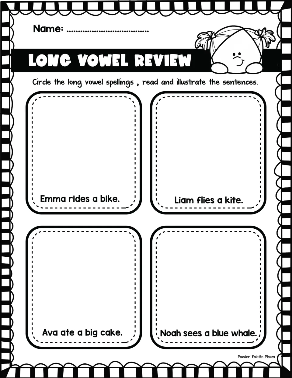 Long vowel review: students circle long vowel spellings and draw sentences like Emma rides a bike and Liam flies a kite