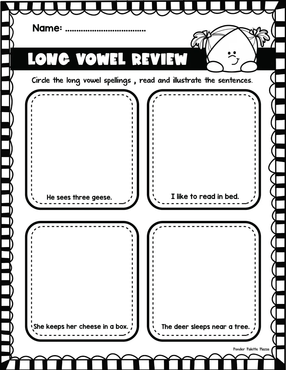Long e focus: students circle ee and ea spellings in He sees three geese and The deer sleeps near a tree, then draw