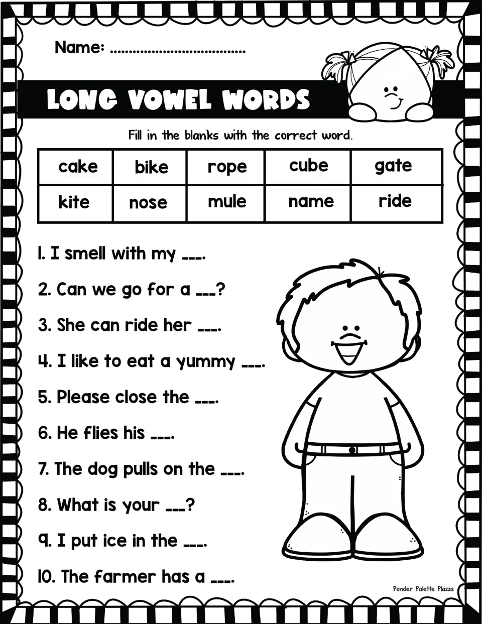 Long vowel words: students fill in 10 sentence blanks using a word bank of silent-e words like cake, bike, rope and cube