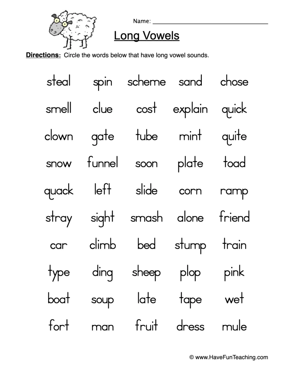 Long vowel sounds: students circle examples like steal, gate, snow, boat and mule among 50 mixed words