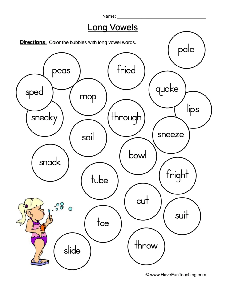Long vowel coloring worksheet: identify and color words such as peas, fried, pale, sail, tube, and slide.
