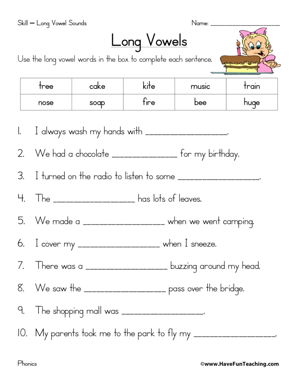 Long vowel practice: 10 fill-in-the-blank sentences using tree, cake, kite, music, train and five more words