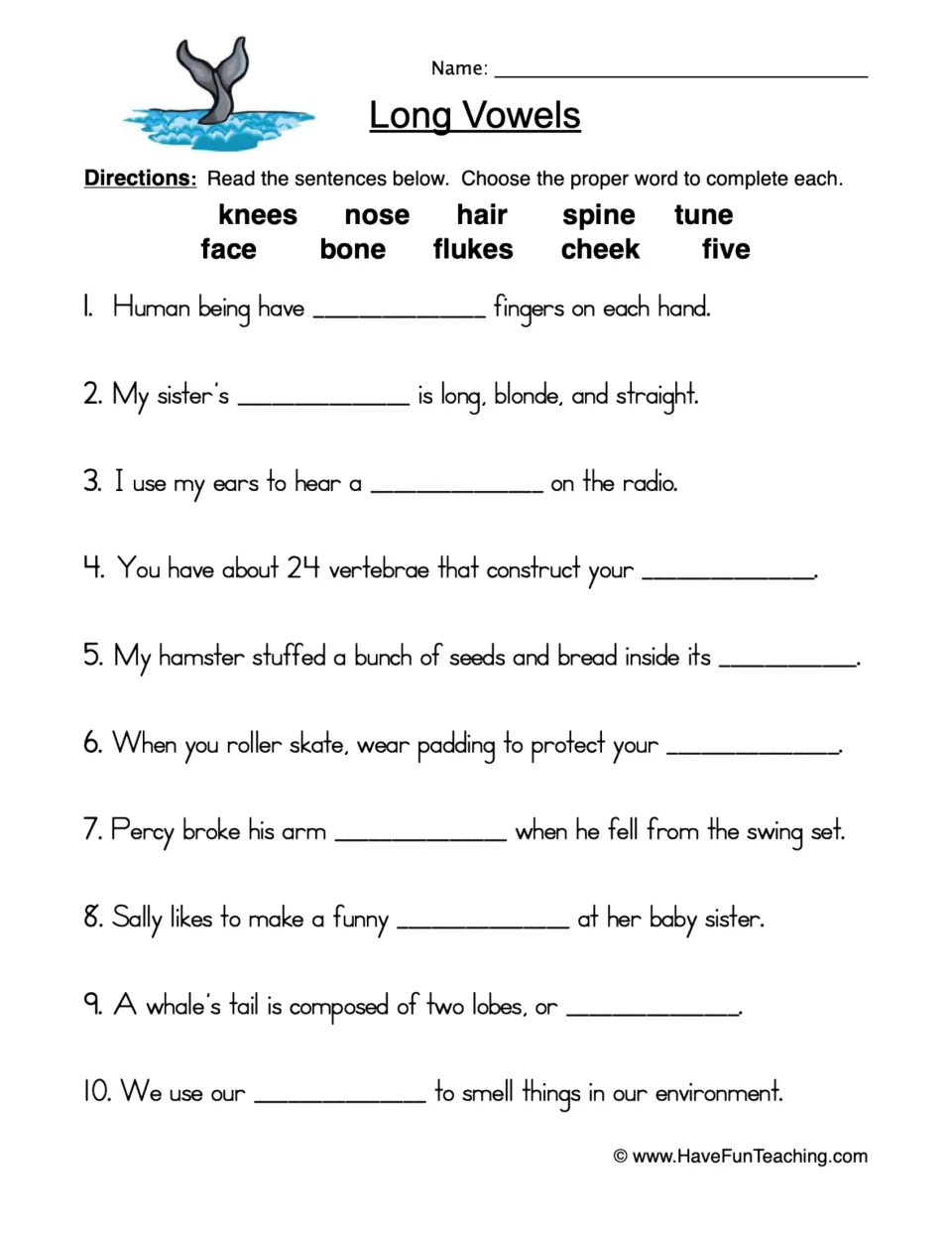Long vowels: students pick from a bank of 10 words like knees, spine and flukes to complete 10 sentences in context