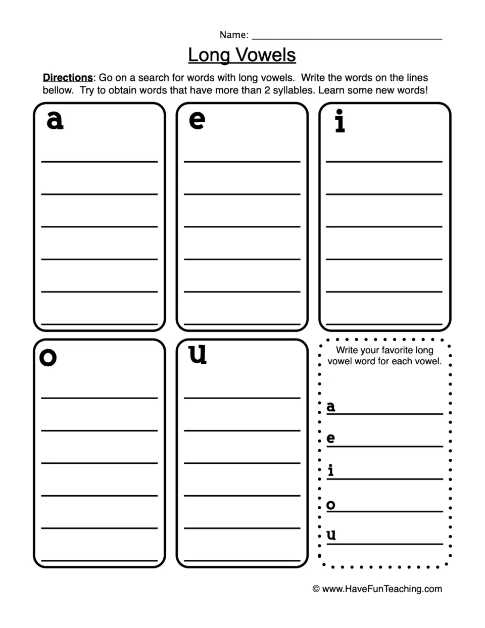Long vowel list worksheet: find words for a, e, i, o, and u, then write a favorite word for each vowel.