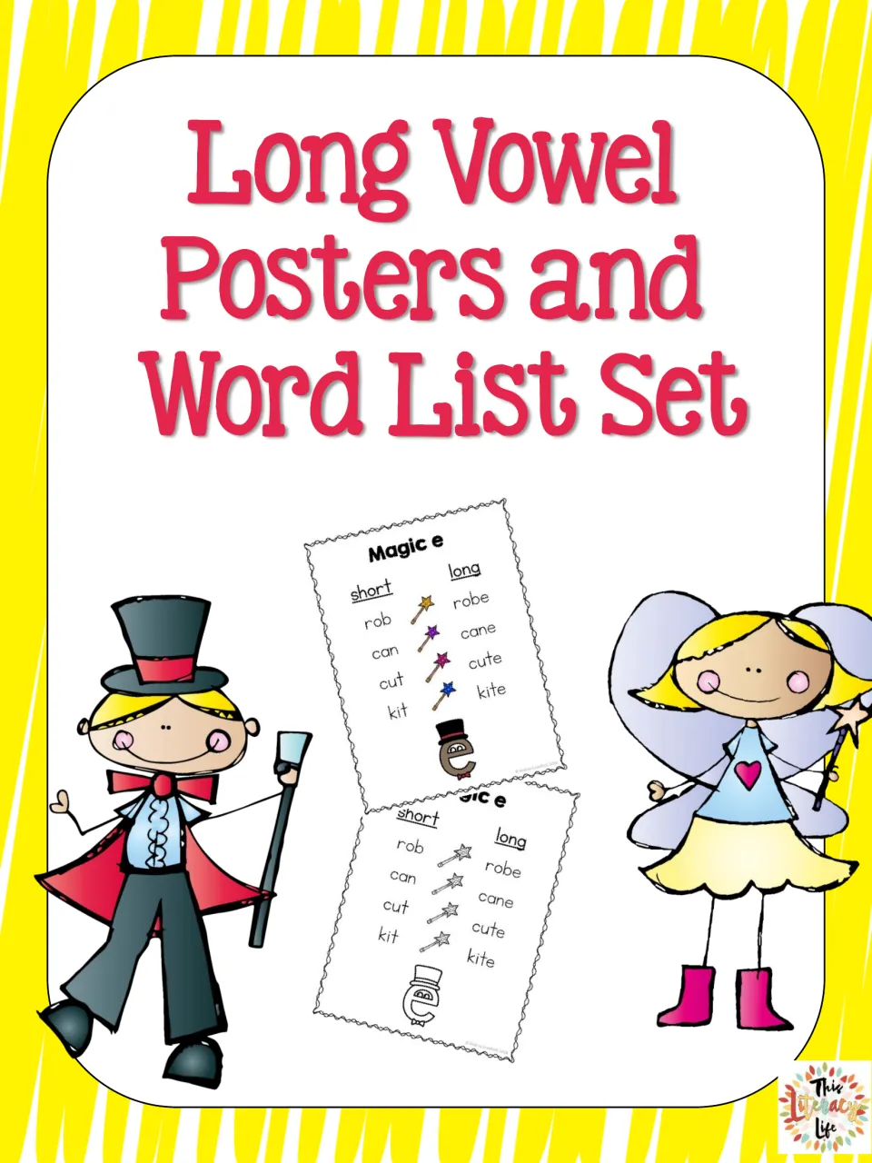 Cover of the Long Vowels Posters and Word List Set, showing color and black-and-white Magic e samples