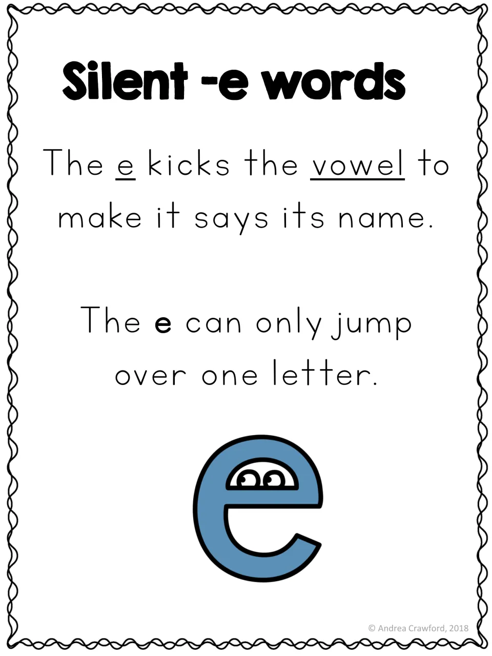Silent-e poster explains that final e makes the vowel say its name and can jump over only one letter