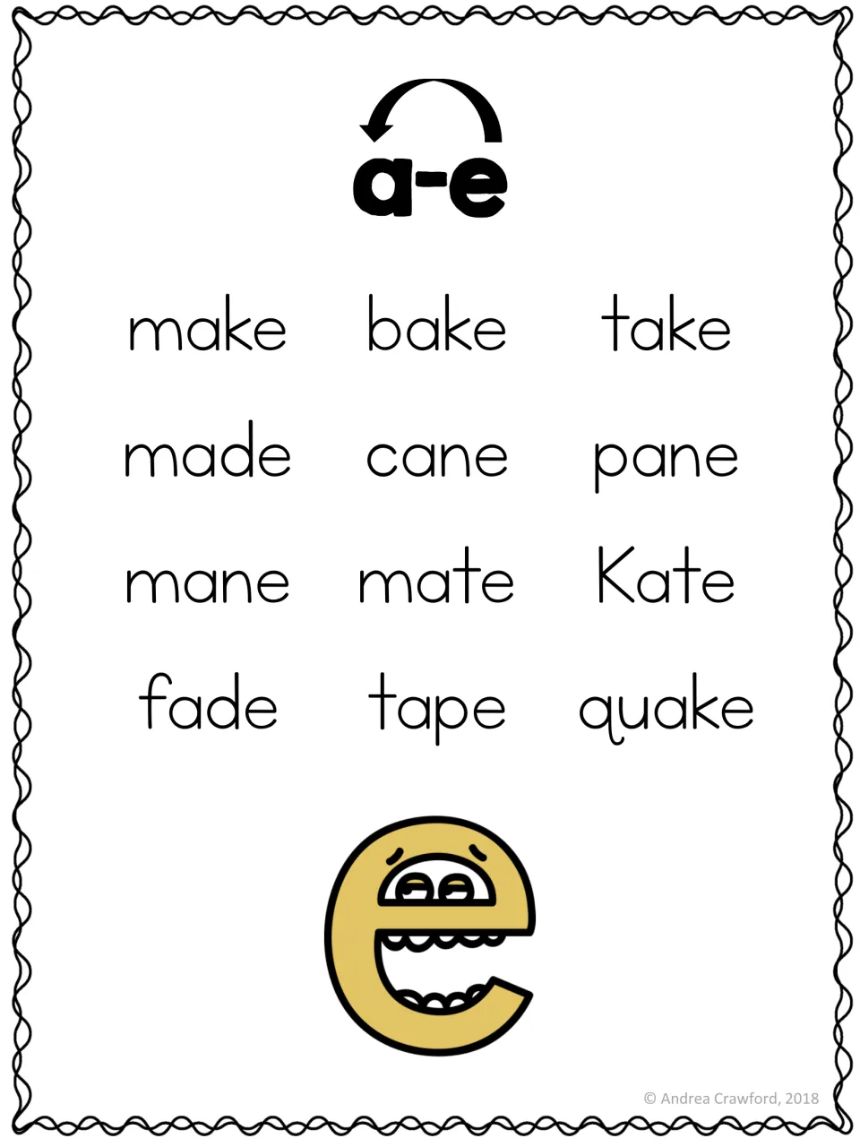 Long a word list poster for the a-e pattern: make, bake, take, made, cane, pane, mane, and five more words