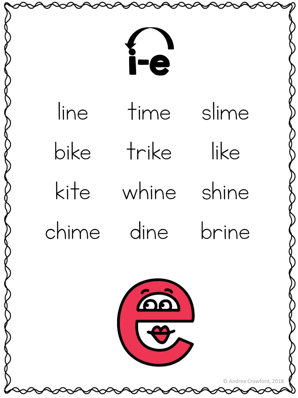 Long i word list poster for the i-e pattern: line, time, slime, bike, trike, like, kite, and five more words