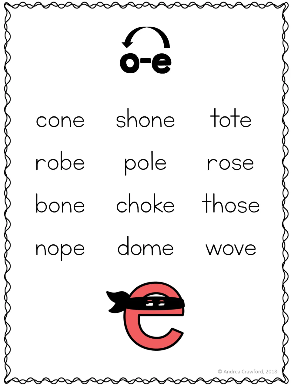 Long o word list poster for the o-e pattern: cone, shone, tote, robe, pole, rose, bone, and five more words
