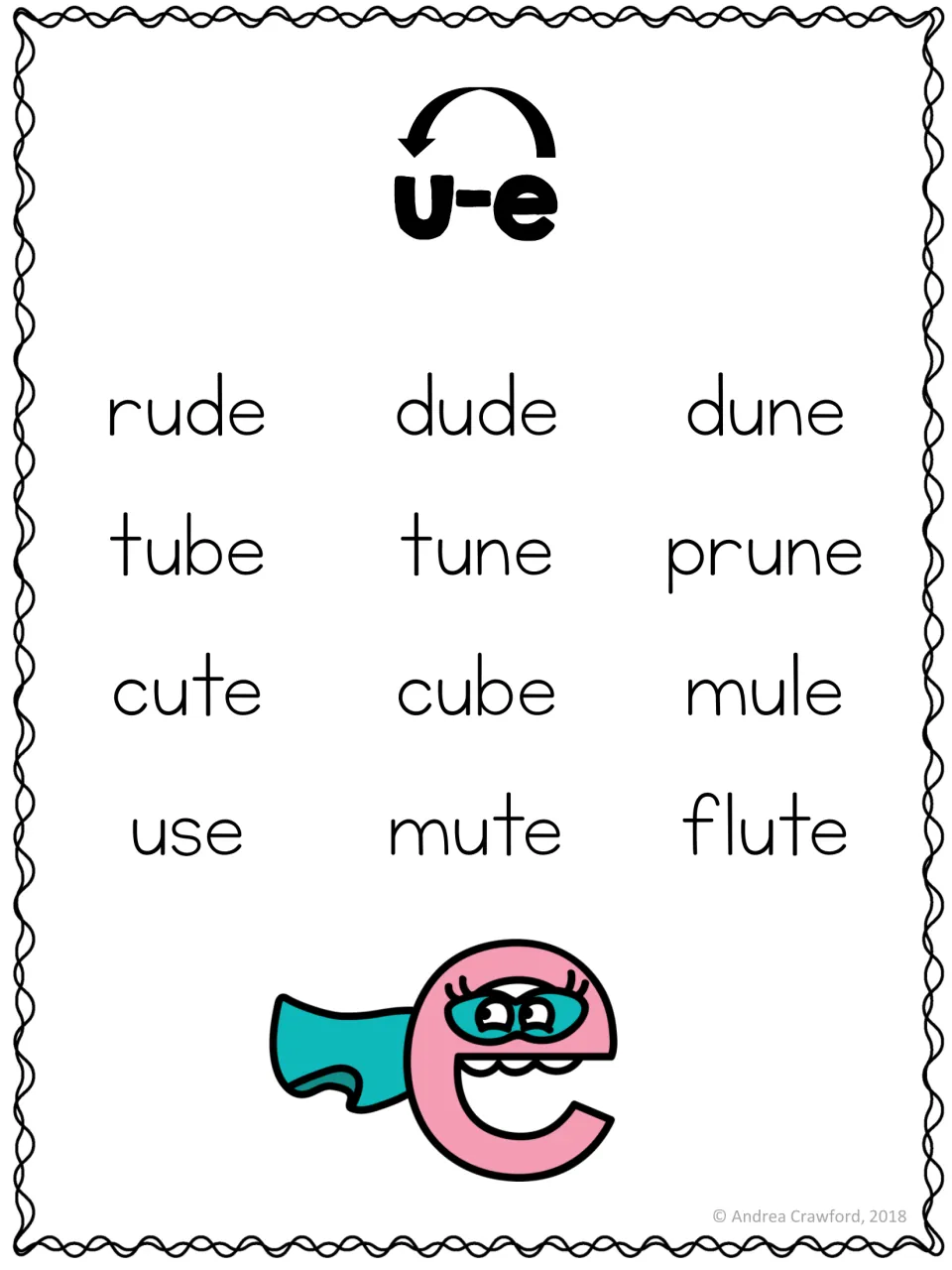 Long u word list poster for the u-e pattern: rude, dude, dune, tube, tune, prune, cute, and five more words
