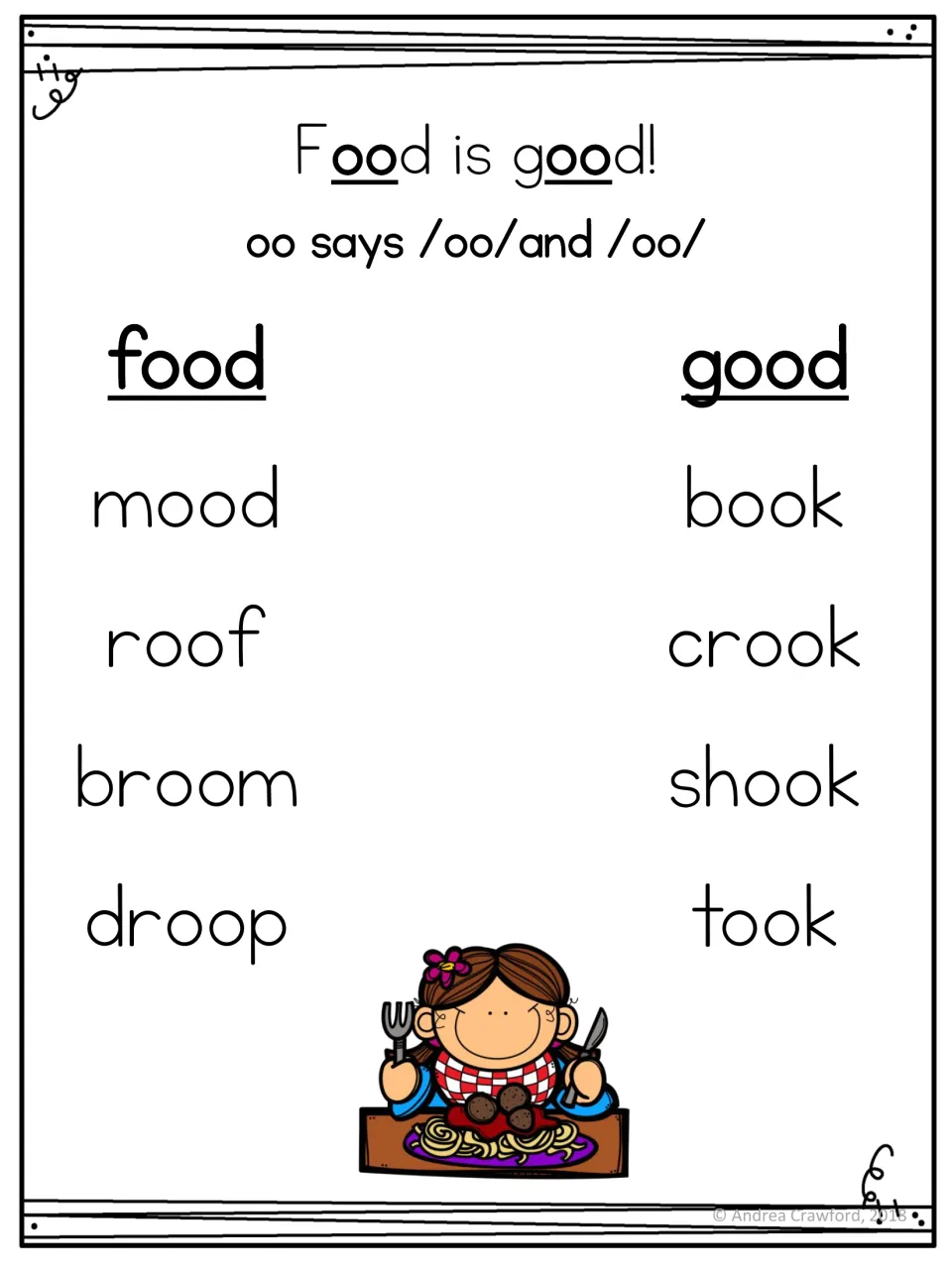 Two-sound oo poster groups food, mood, roof, broom, and droop opposite good, book, crook, shook, and took