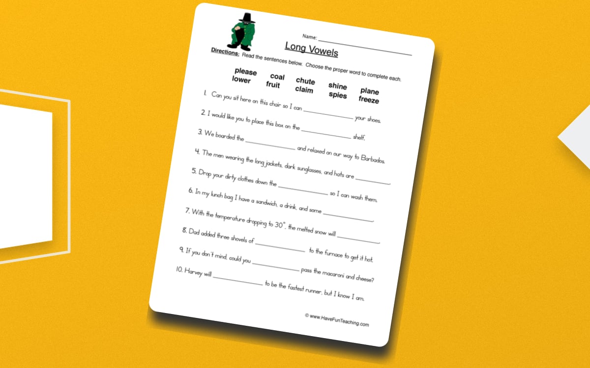 Long Vowels Sentences Worksheet preview: A long-vowel word bank for reference