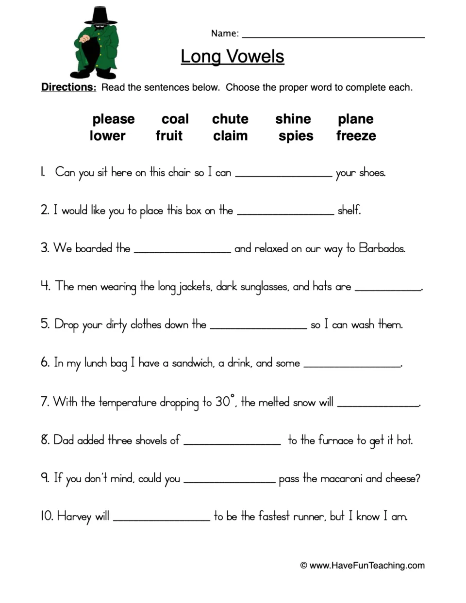 Long vowels: students pick from 10 words like please, coal and freeze to complete 10 fill-in-the-blank sentences
