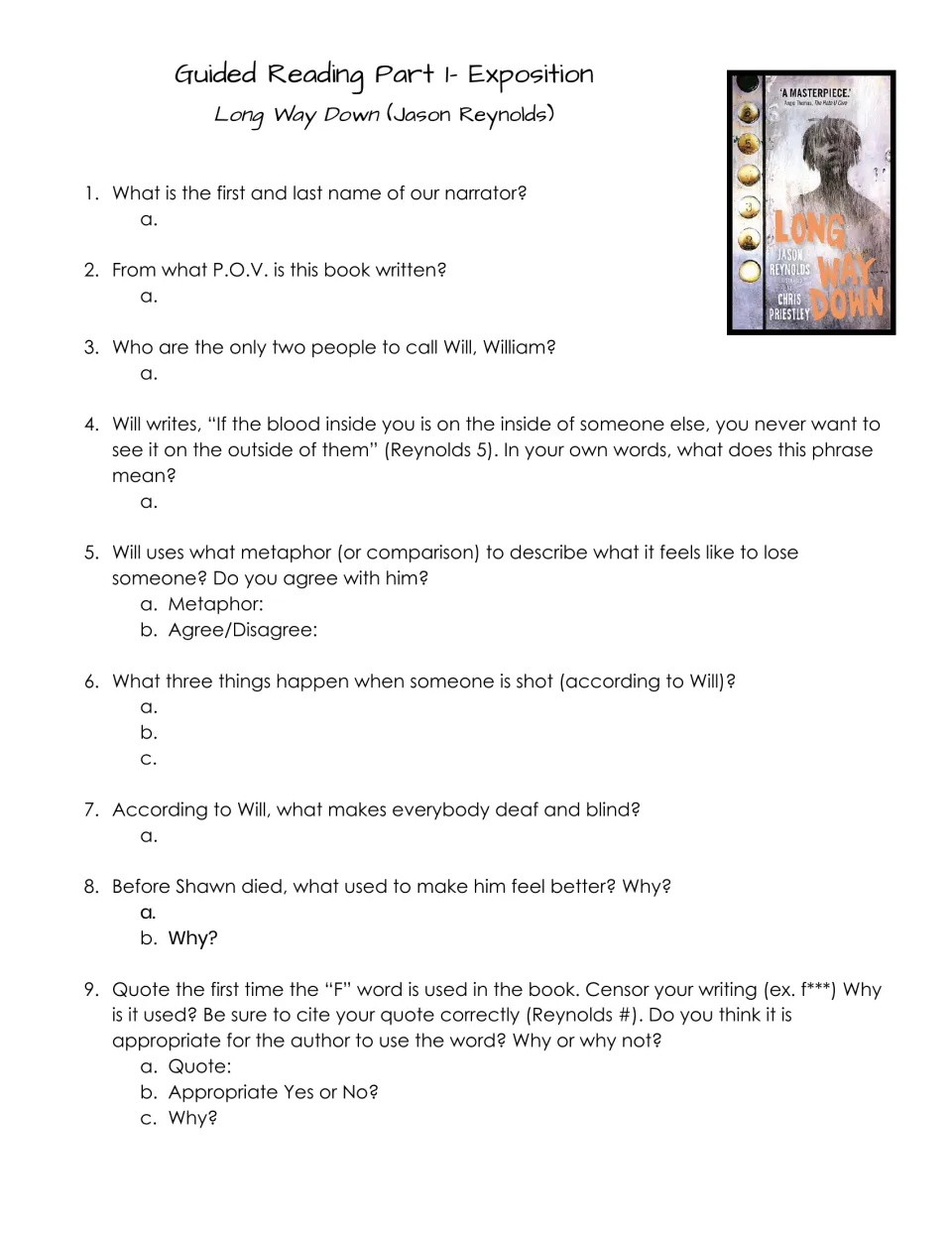 Long Way Down Part 1 exposition questions: students name the narrator, the point of view and Will's metaphor for loss