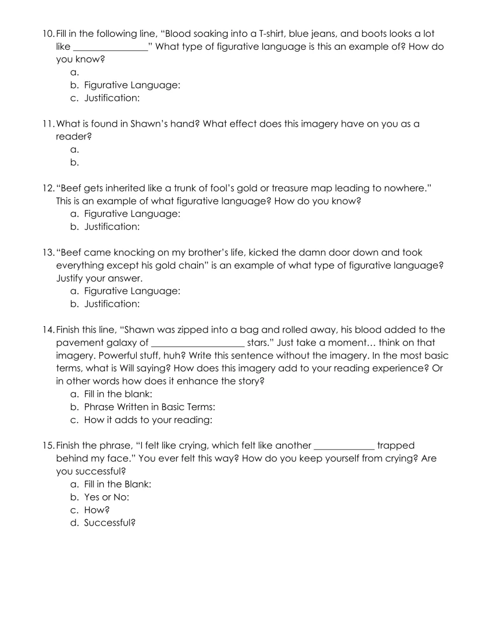 Figurative language questions 10-15: students complete quoted lines about Shawn's death, name each device and justify it