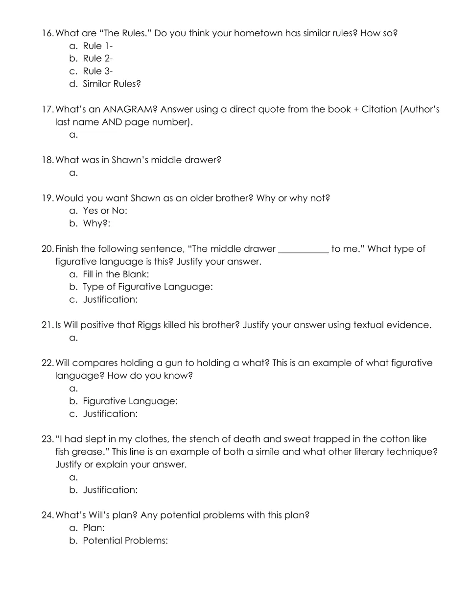 Questions 16-24: students list The Rules, define anagram with a cited quote and judge whether Will is sure Riggs did it
