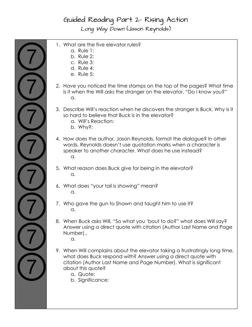 Part 2 Rising Action, floor 7: students list the five elevator rules and explain Buck's arrival and dialogue format