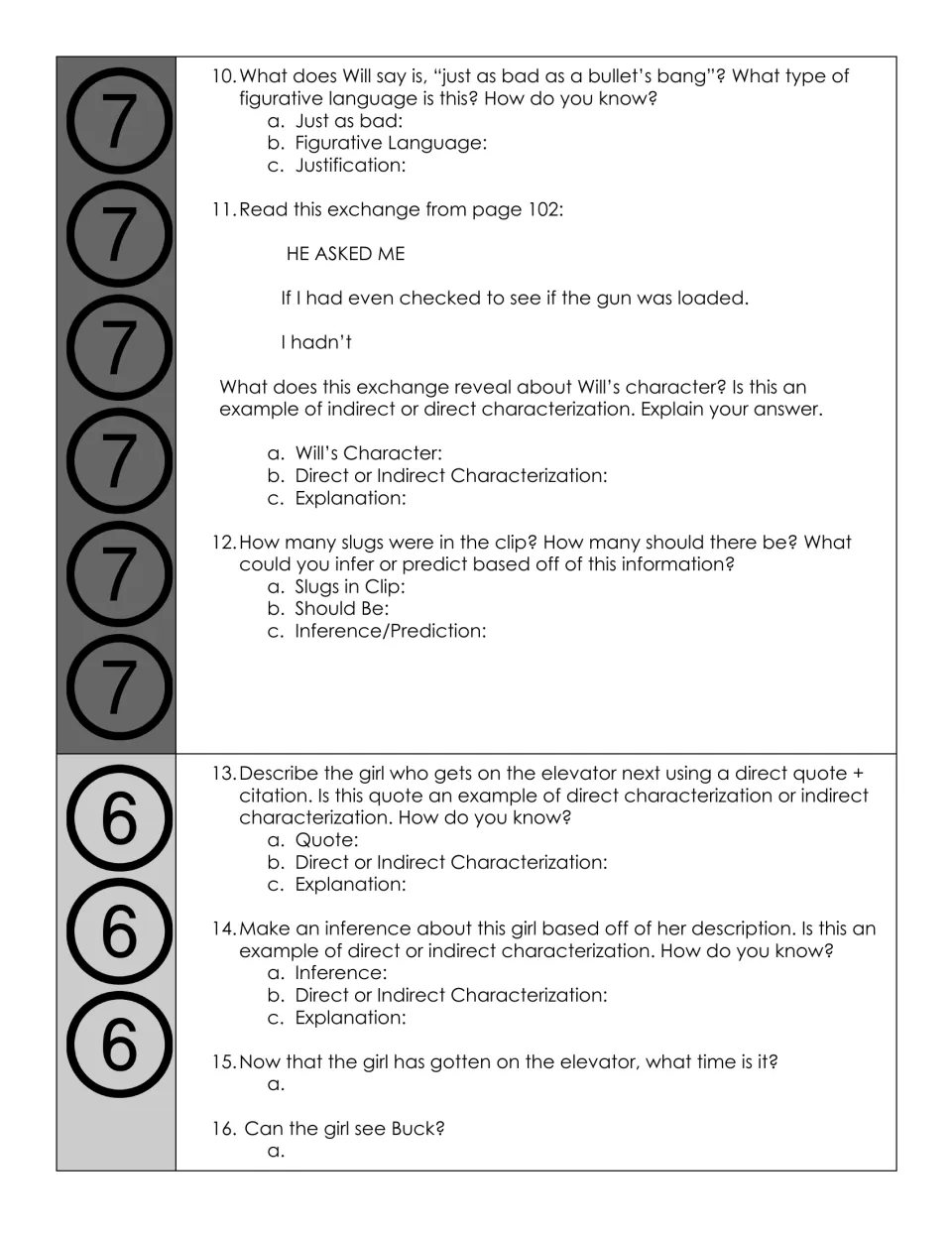 Floors 7 and 6 questions: students judge direct or indirect characterization of Will and the girl, and count the slugs