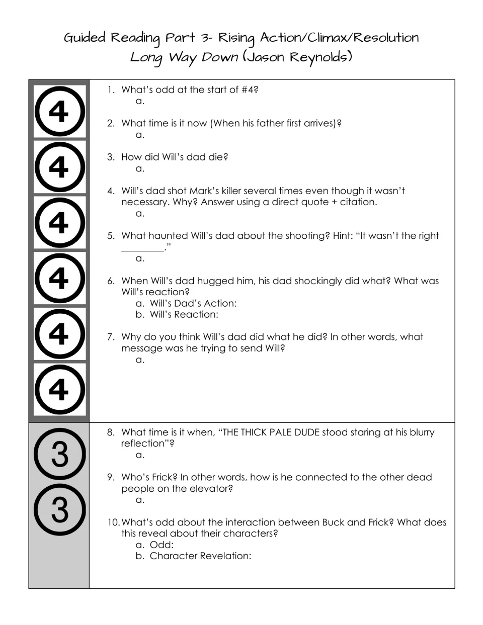 Part 3 Rising Action/Climax/Resolution, floors 4 and 3: students explain Will's dad's story and identify Frick