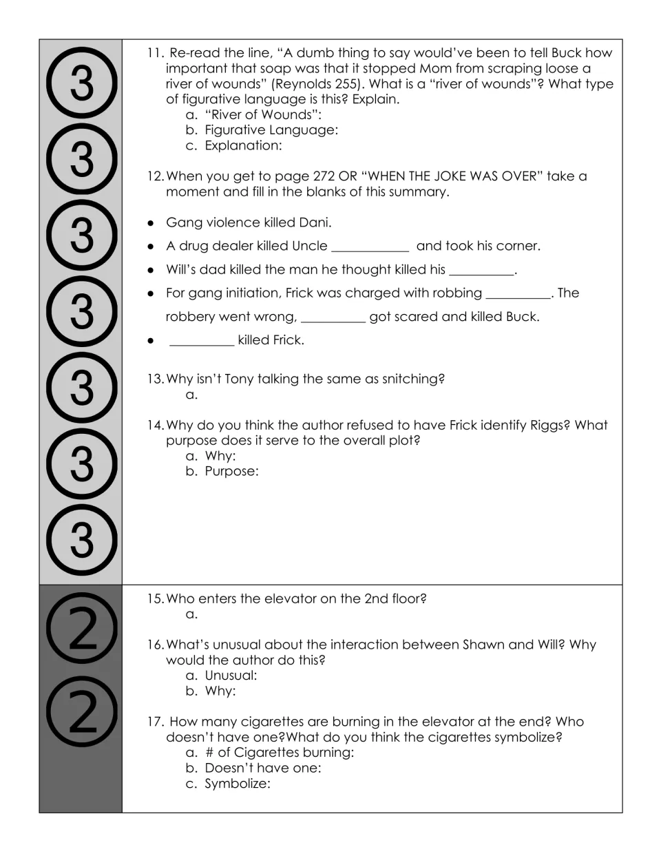 Floors 3 and 2 questions: students fill in a summary of who killed whom, analyze "river of wounds" and cigarette symbolism