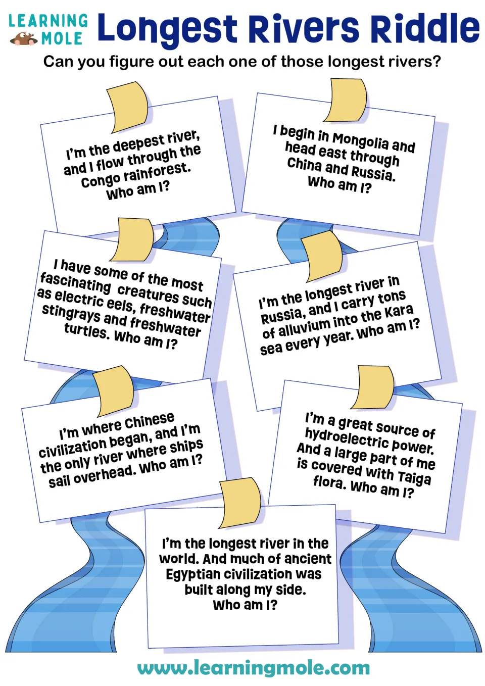 World rivers riddles: students solve 7 "Who am I?" clues, such as the deepest river flowing through the Congo rainforest
