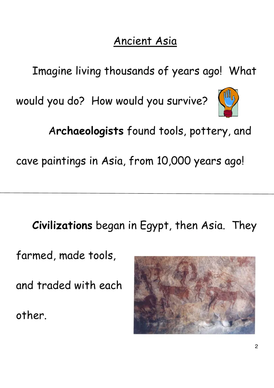 Opening eBook reading page introduces ancient Asia through archaeology, cave paintings, farming, and trade.