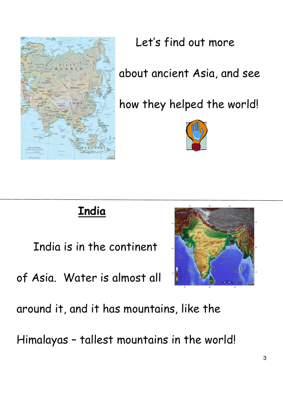 History eBook page moves from an Asia map to India's geography, surrounding water, and the Himalayas.