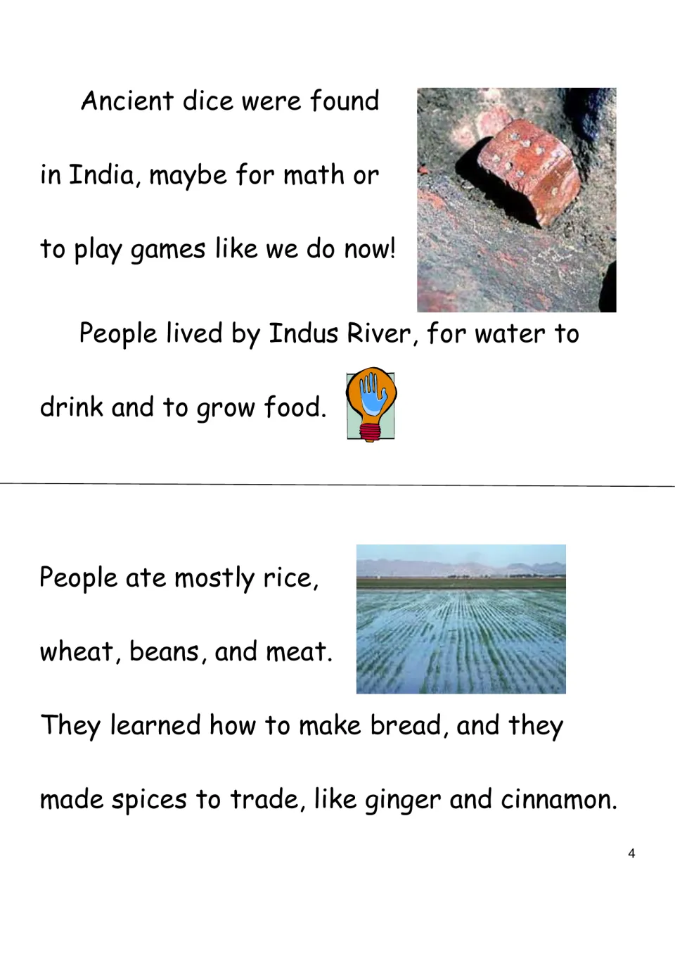 India reading page covers ancient dice, life by the Indus River, rice, wheat, beans, meat, and spice trading.