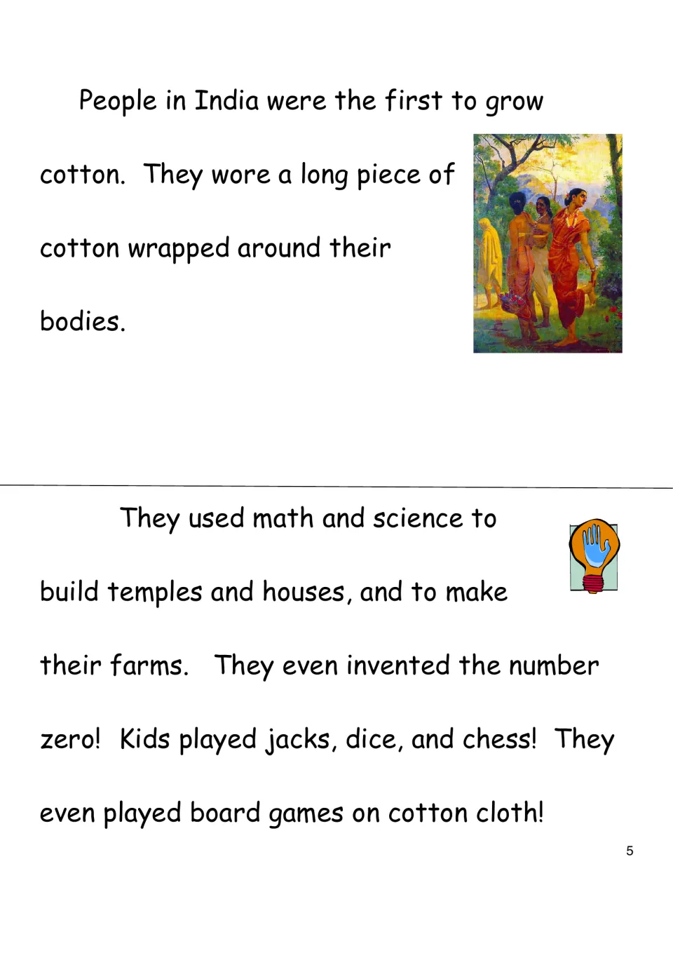 India reading page describes cotton clothing, math and science, the number zero, and children's games.