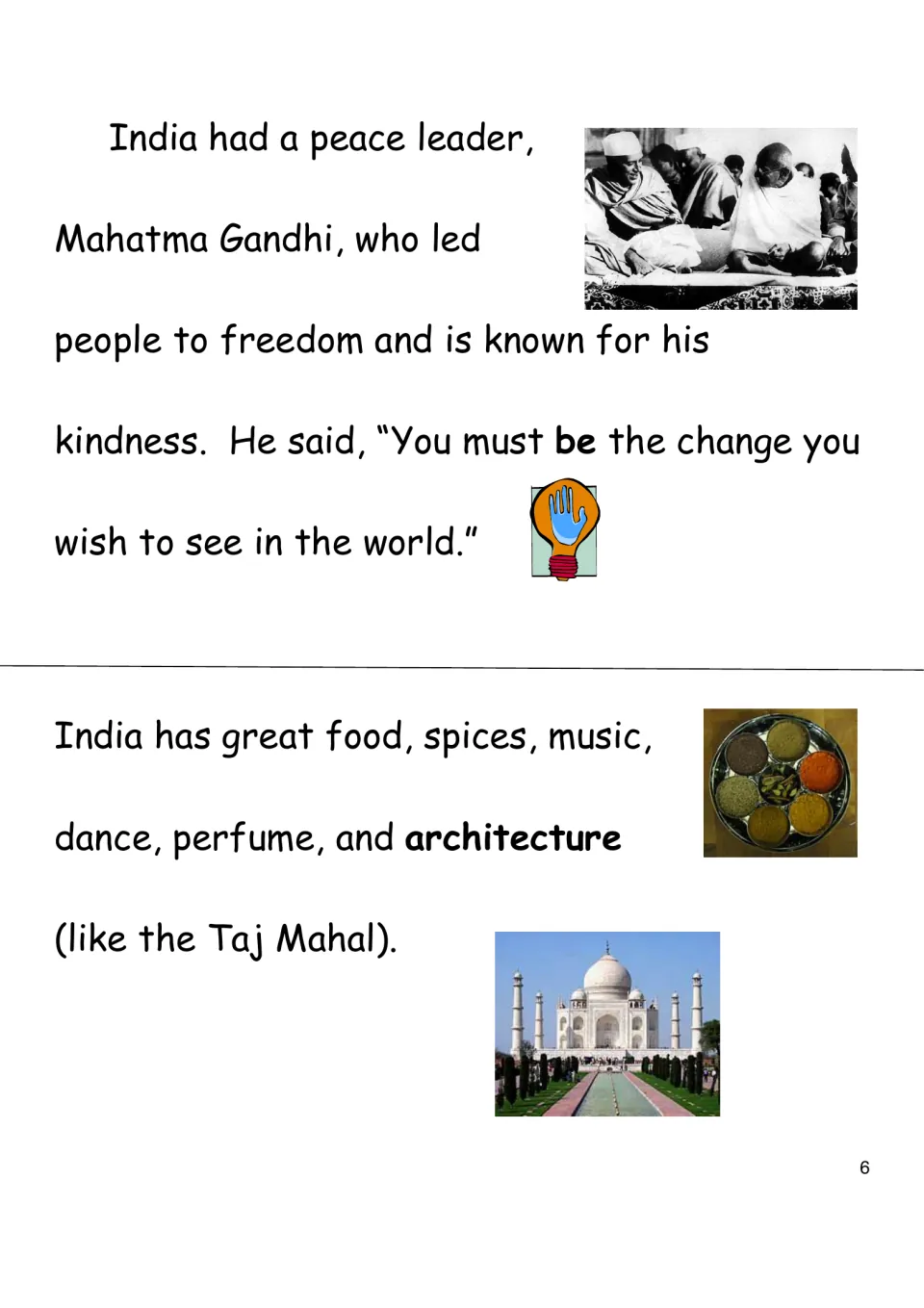 India reading page introduces Mahatma Gandhi and highlights food, music, dance, perfume, and the Taj Mahal.
