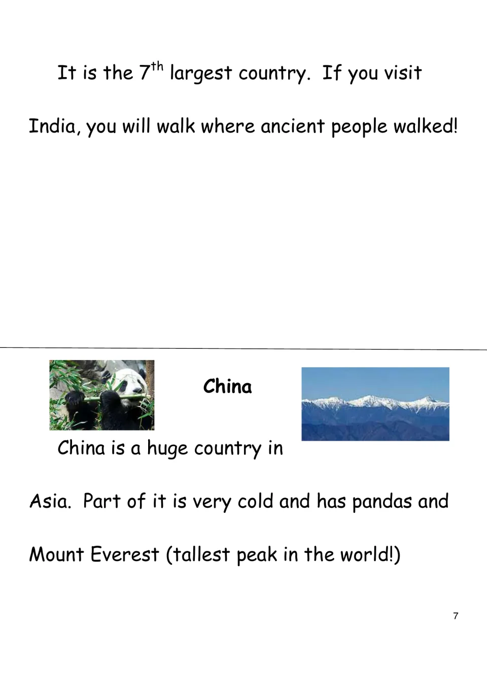 History eBook page closes the India section and introduces China through its cold regions, pandas, and Everest.